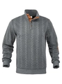 Detail eines grauen Polo-Shirts mit Kragen, Polyester-Größe M Etikett und braunem Besatz - S / Dunkelgrau
