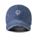 Vintage washed navy denim baseball cap with white sun embroidery and six-panel design - One Size / Navy Blue