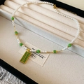 Baroque pearl necklace with green beads and a golden rectangular pendant accent - White Green Rectangular Pendant (29#)