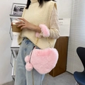 Pink heart-shaped faux fur bag with golden chain and plush ball pendant for women - Light Pink