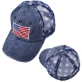Distressed denim American flag trucker hat with white star print and mesh back - Navy Blue / Adjustable