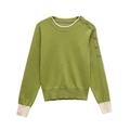 Pull en maille vert herbe avec bordure crème et boutons décoratifs à l'épaule - S / Vert