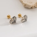 Polished gold titanium steel screw-back earrings with heart-shaped grey zircon crystals - Gray