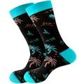 Detail of black crew socks featuring blue tropical palm tree prints and Aloha lettering - One Size / Black Blue Coconut Tree