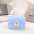 Mini light blue jelly bag with quilted pattern, pearl handle, and gold chain strap - Sky Blue