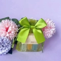 Three mini nail polishes in green organza gift bag with a sweet bow on purple background - Light Green