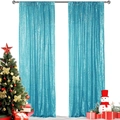 Blue sequin curtain for Christmas events displayed with holiday decor and a snowman - Lake Blue
