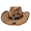 Men's western straw cowboy hat with star print and turquoise metal band detail - Camel with Wind Rope (Blue Star)