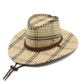 Classic straw western cowboy hat with plaid pattern and adjustable chin strap - M (56-58cm) / Beige Black Brown Grid (07)