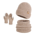 Beige winter knit set including a beanie hat, neck warmer, and touch screen gloves - Marl Khaki (3-Piece Set)
