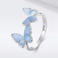 Elegant S925 sterling silver open ring featuring double blue butterfly wings with fine texture - Double Butterfly Open Ring (SCR1088-E)