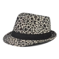 Cappello fedora con stampa leopardata e fascia in raso nero per stile vintage - Adulto 56-60cm / Leopardo Grigio