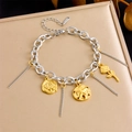Mixed gold and silver stainless steel chain bracelet with rose and coin charms - Rose Coin Tassel Style (B1539)