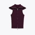 Dames donkerpaars gebreid vest met ritssluiting, brede matrozenkraag en stijlvol ribpatroon - S / Fuchsia