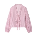 Front view of pink striped long sleeve poplin shirt featuring bow tie front details - XS / Red Stripes