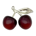 Sparkling red cherry keychain pendant with silver metal leaf and resin fruit detail - 1Pc KC Gold Dark Red Purple Double Color Resin 3D Single Leaf Large Cherry (39x33mm)