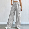 Women's grey wide-leg cargo sweatpants with drawstring elastic waist and side flap pockets - M / Space Gray