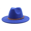 Detail of royal blue wool fedora hat with brown suede band and knot accessory - M (56-58cm) / Blue