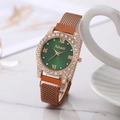 Women's quartz watch with green sunray dial, diamond bezel and magnetic mesh strap - Green