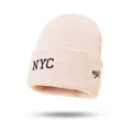 Pink knit NYC beanie with embroidery, warm winter headwear for men and women - One Size / Beige