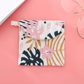 Portable fabric sanitary napkin bag with pink tropical leaf patterns and lace pull - Monstera