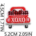 Detail of red truck embroidery patch with heart patterns and XOXO text and dimensions - No.20-XOXO Heart Truck
