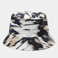 Detail view of tie-dye bucket hat showing marble pattern texture and reinforced stitching - Black, White & Beige Tie-Dye Marble Pattern (Color #7)