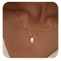 14K gold plated square pendant necklace featuring letter M on a fine chain - Box Chain/Letter M / Gold-M