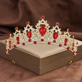 Macro detail of Baroque gold bridal crown with red teardrop rhinestones and clear crystals - Gold with Red Rhinestones