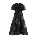 Französisches Organza-Blumenkleid mit Puffärmeln und Hemdkragen in Schwarz bedruckt - XS / Schwarz