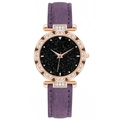 Detail of rose gold cat-themed watch with purple suede strap and starry sky dial decoration - Wave Edge Starry Sky Watch / Purple