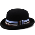 Elegant 100% wool dome hat for women with a colorful striped ribbon and curled brim detail - M (56-58cm) / Black With Four-Color Striped Band (JXF-527-3)