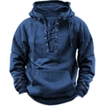 Camiseta de hombre de manga larga con capucha azul oscuro, diseño retro y cordones - S / Tops / Azul