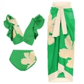 Three-piece floral swimsuit set with ruffle top, high waist bikini and green sarong - Ruffle Bikini Three-Piece Set with Wrap Skirt