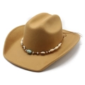 Classic camel wool felt western cowboy hat with bohemian beaded shell band decoration - M (56-58cm) / Camel