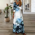 Elegant white and blue gradient maxi dress with large rose floral print and V-neckline - S / Dresses / Blue