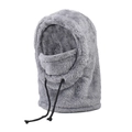 Detailed texture of thick grey plush integrated hood with adjustable drawstring for winter - Gray