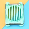 Top-down view of a mint green plastic egg slicer with metal wires on a dual-color background - Light Green