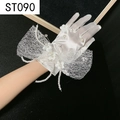 Detail of white satin bridal glove featuring a mesh bow, pearls, and 3D floral accents - White Satin Mesh Bowknot Pearl Flower (ST090)