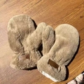Beige plush mittens with brown baby bear leather patches for winter warmth - Rabbit Fur Leather Tag / Khaki