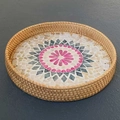Handcrafted rattan round tray with pink shell mosaic flower pattern inlay - High Heart Flower / Medium 28*5cm