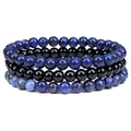 Close-up of three-piece natural blue and black beaded elastic bracelet set on white background - 6mm Lapis Lazuli & Onyx & Blue Vein Stone