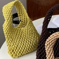 Handmade woven cotton rope tote bag in bright yellow with rustic mesh grid texture - Yellow (with inner bag)