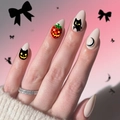 Detail of almond nails featuring Halloween pumpkin and black cat hand-painted art - Off-white Black Cat Strawberry Pumpkin Style (AW473)