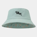 Close-up of mint green bucket hat featuring black 'the bear' embroidery and bear patterns - One Size / Mint Green