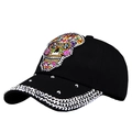 Black cotton baseball cap with colorful sugar skull embroidery and silver rhinestones - Adjustable / Black