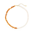 Elegant natural pearl necklace featuring orange amber-style stones and gold clasp - Orange (N2579-YO)