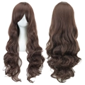 Dark brown long wavy cosplay wig with bangs, dual front and back view for styling - Dark Brown
