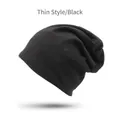 Thin black slouchy beanie with waffle texture for spring and autumn outdoor style - Thin Black