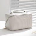 Trousse à cosmétiques en cuir PU blanc à rayures avec poignée dorée et texte - Gris
